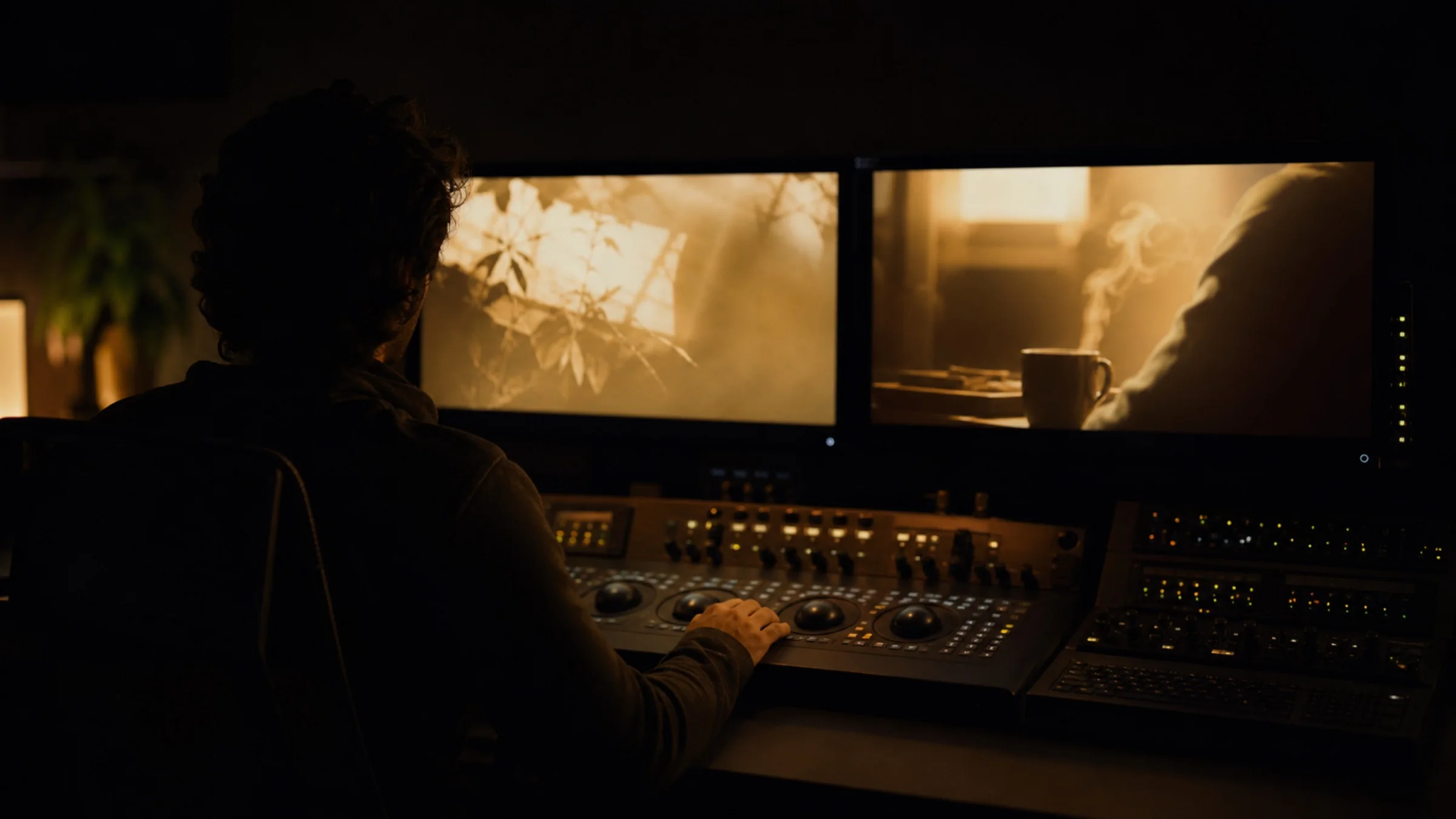 A filmmaker working at a cinematic color-grading console