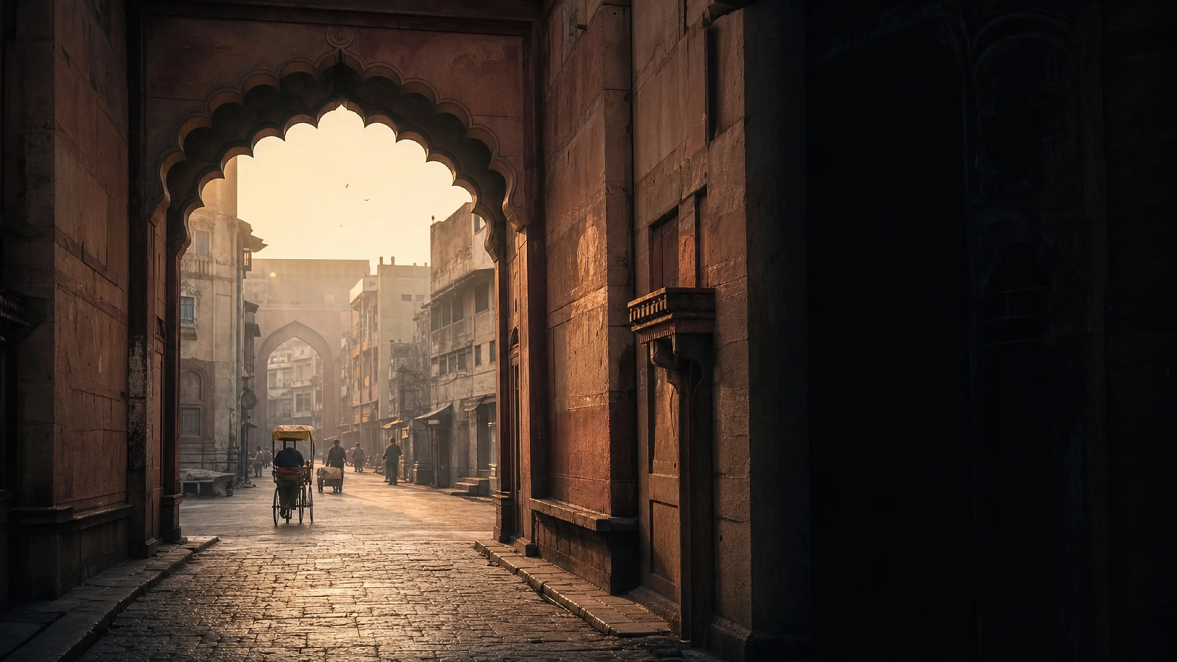 Old Delhi at dawn viewed through a sandstone arch