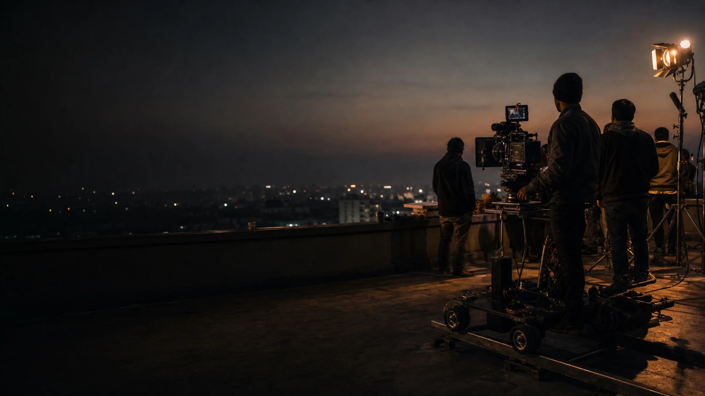 A Delhiwood film crew preparing a camera on a rooftop overlooking Delhi at dusk