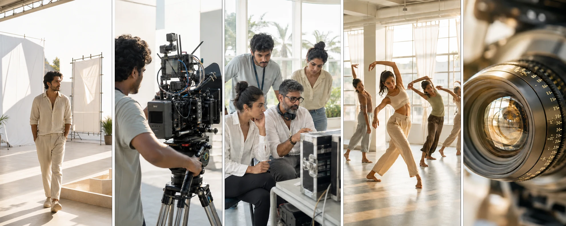 A sunlit actor, camera rig, film crew, dancers, and a cinema lens
