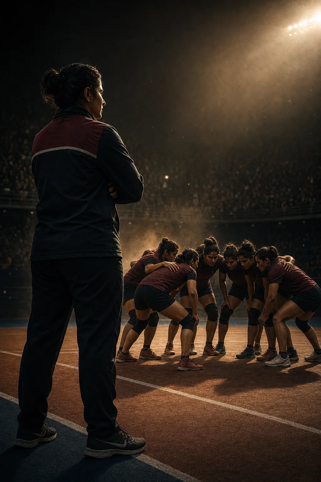 A women's kabaddi coach watches her team huddle under stadium lights for Aisee Dhakad Hai