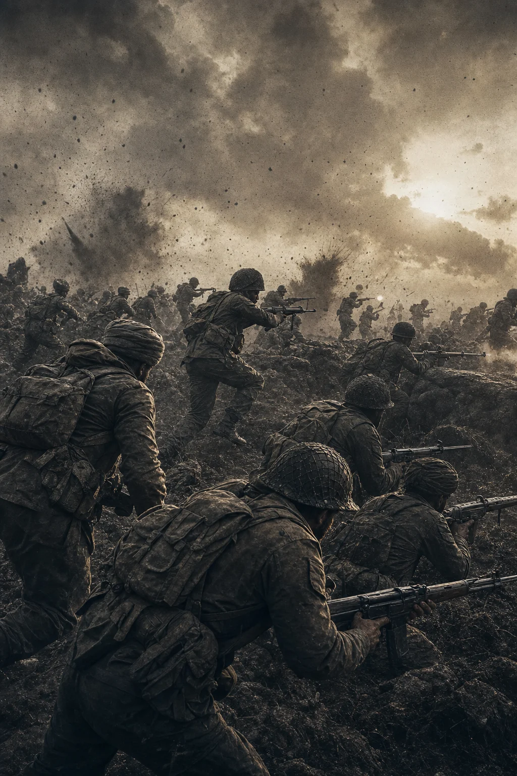 A unit of soldiers advances together through a battlefield for Fauj