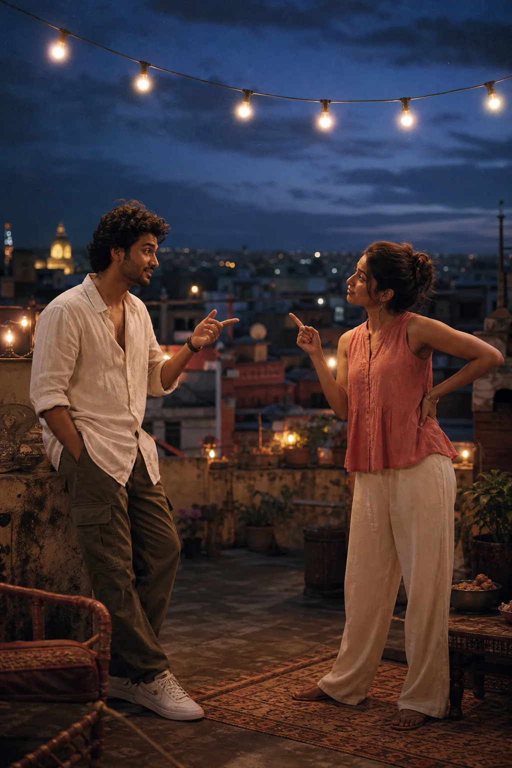 A young couple share a playful argument on a rooftop at dusk for Sakutar